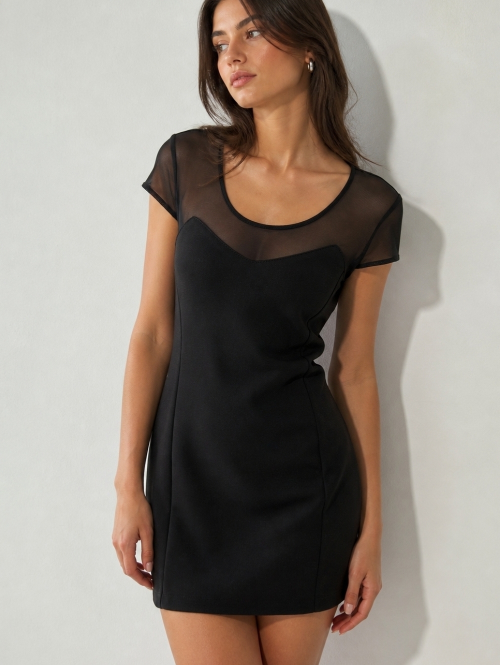 ECI Black Mesh Yoke Mini Dress Size 6 Sheer Panel LBD Chic Minimalist y2k